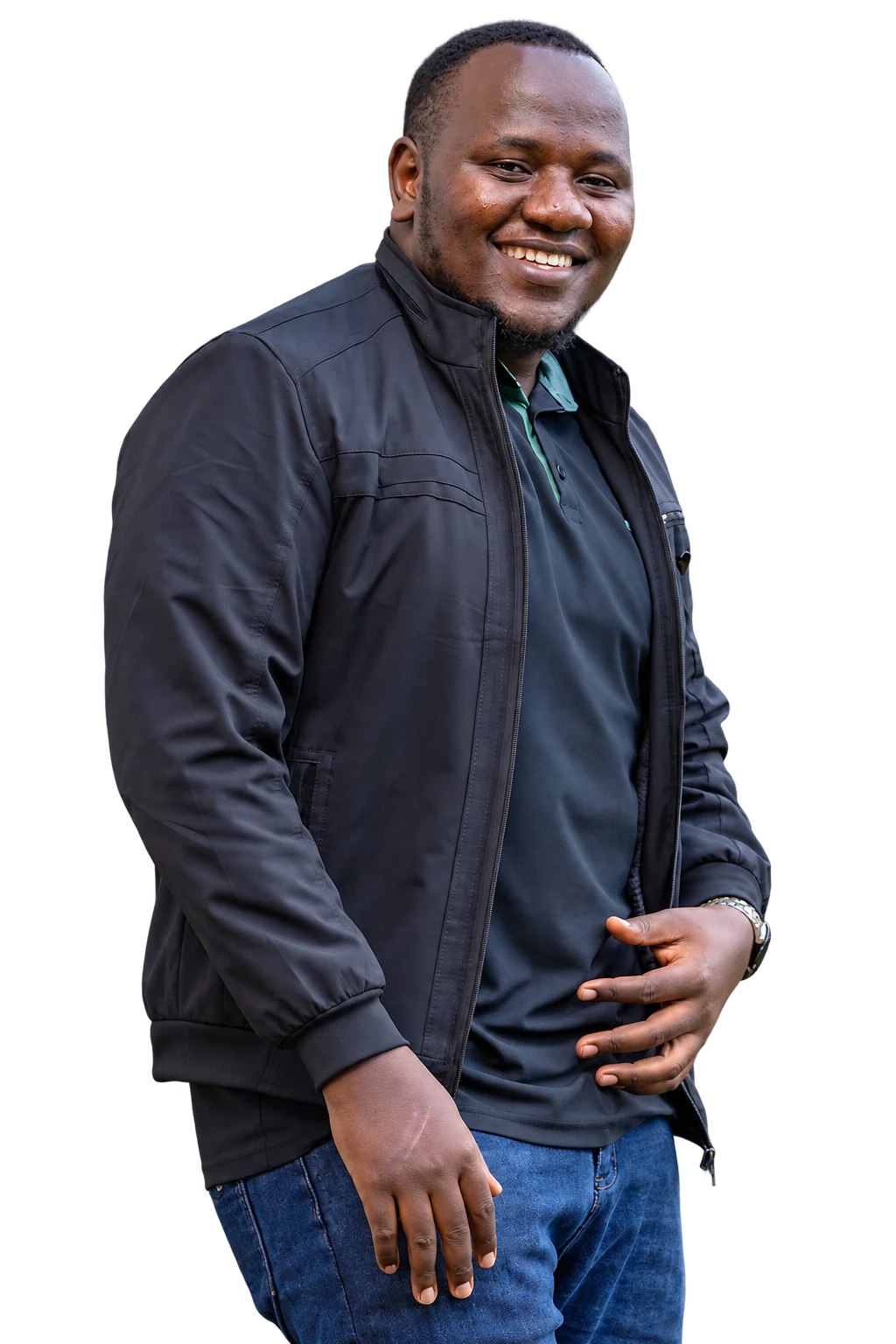 Kyasanku Charles Nyombi smiling, wearing a dark jacket.